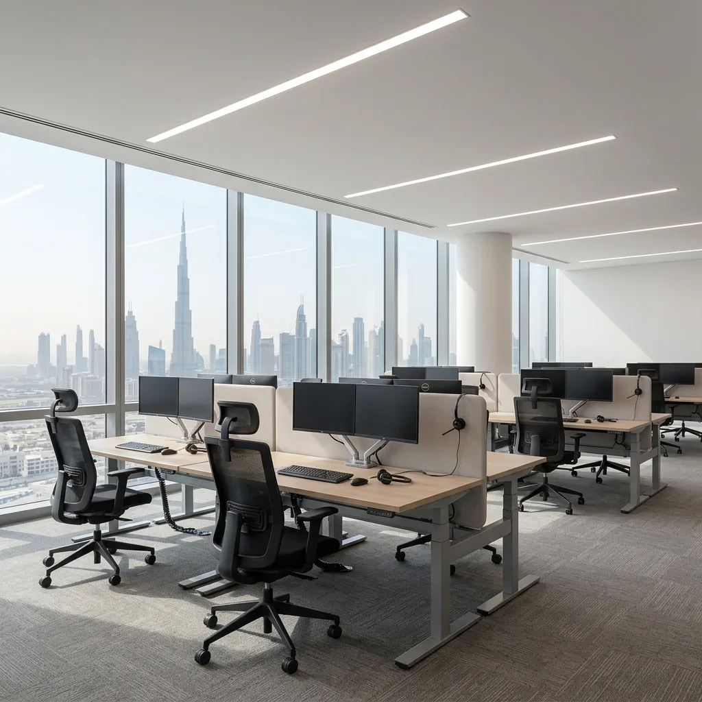Call center workstations Dubai — high-density agent cluster furniture for financial institution UAE