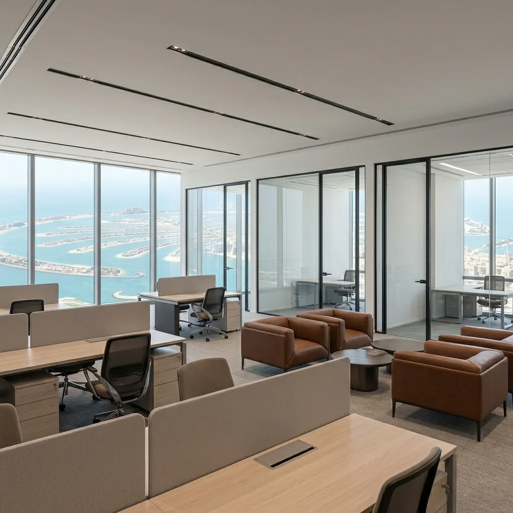 Co-working space furniture Dubai — hot desk floor, lounge zone and meeting rooms for flex office UAE