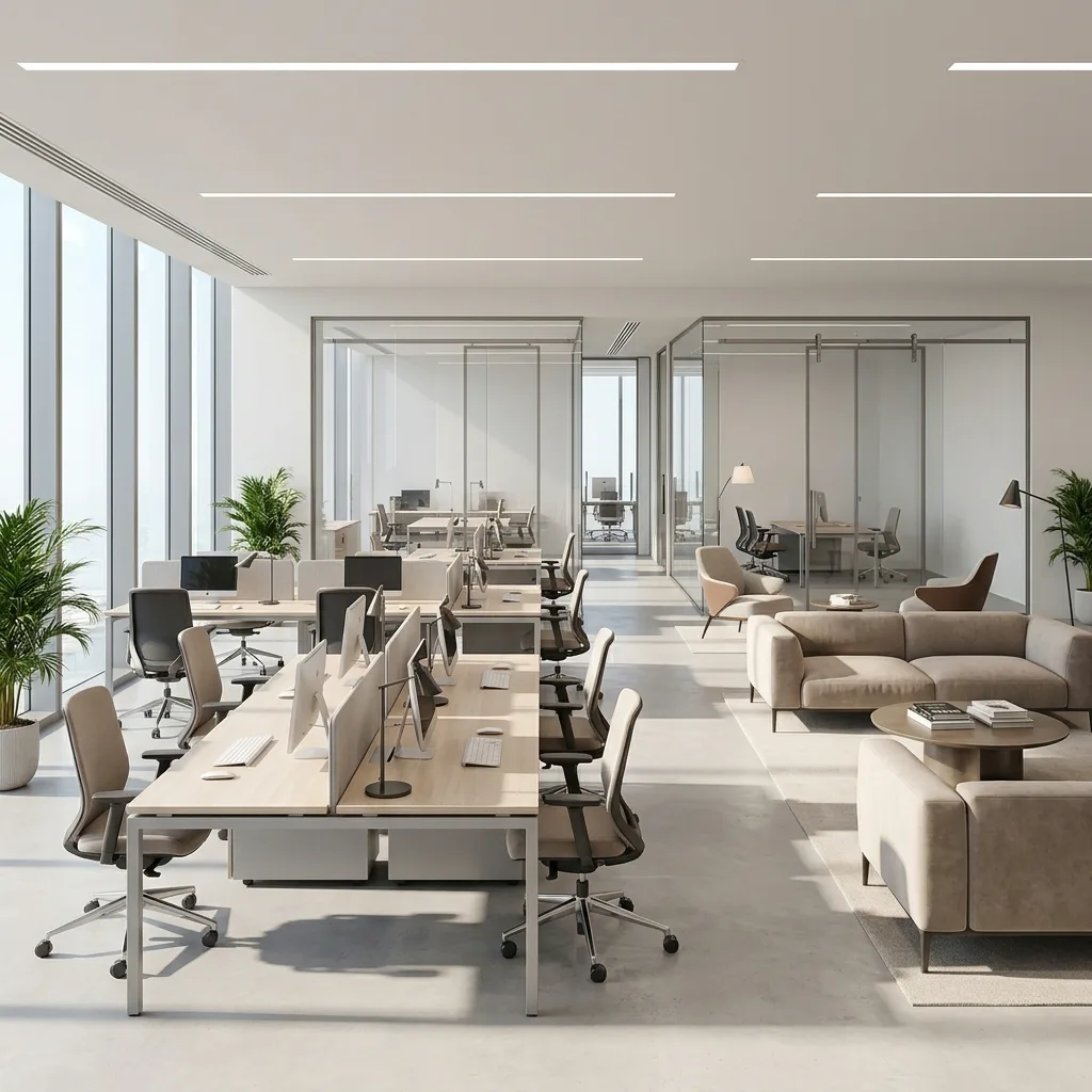 Co-working furniture installation Dubai — flex office hot desks and lounge zones by Mobilia® UAE