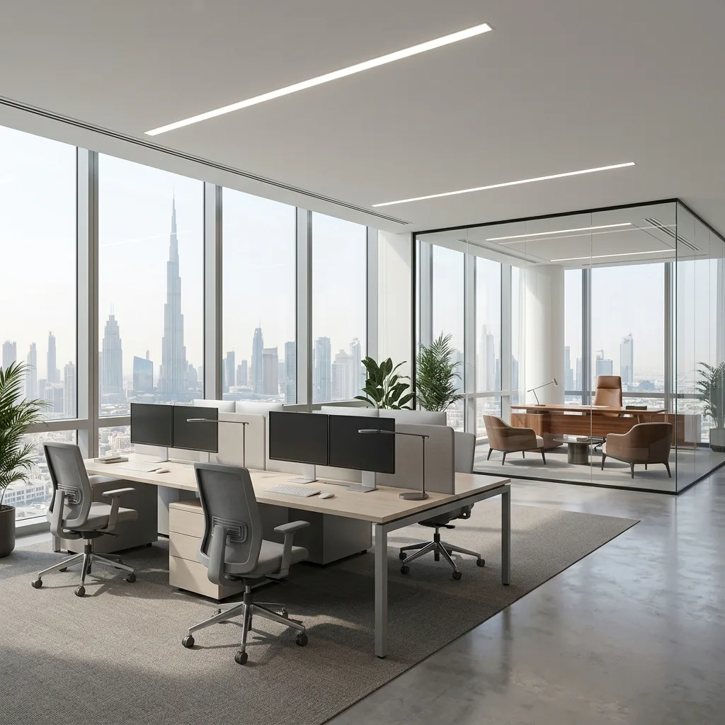 Corporate enterprise office furniture Dubai — multi-floor workstation fit-out and executive suite for large organisation UAE