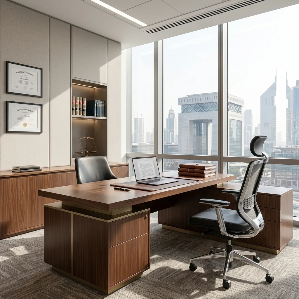 Partner executive desk Dubai law firm — premium wood veneer office furniture DIFC Mobilia®
