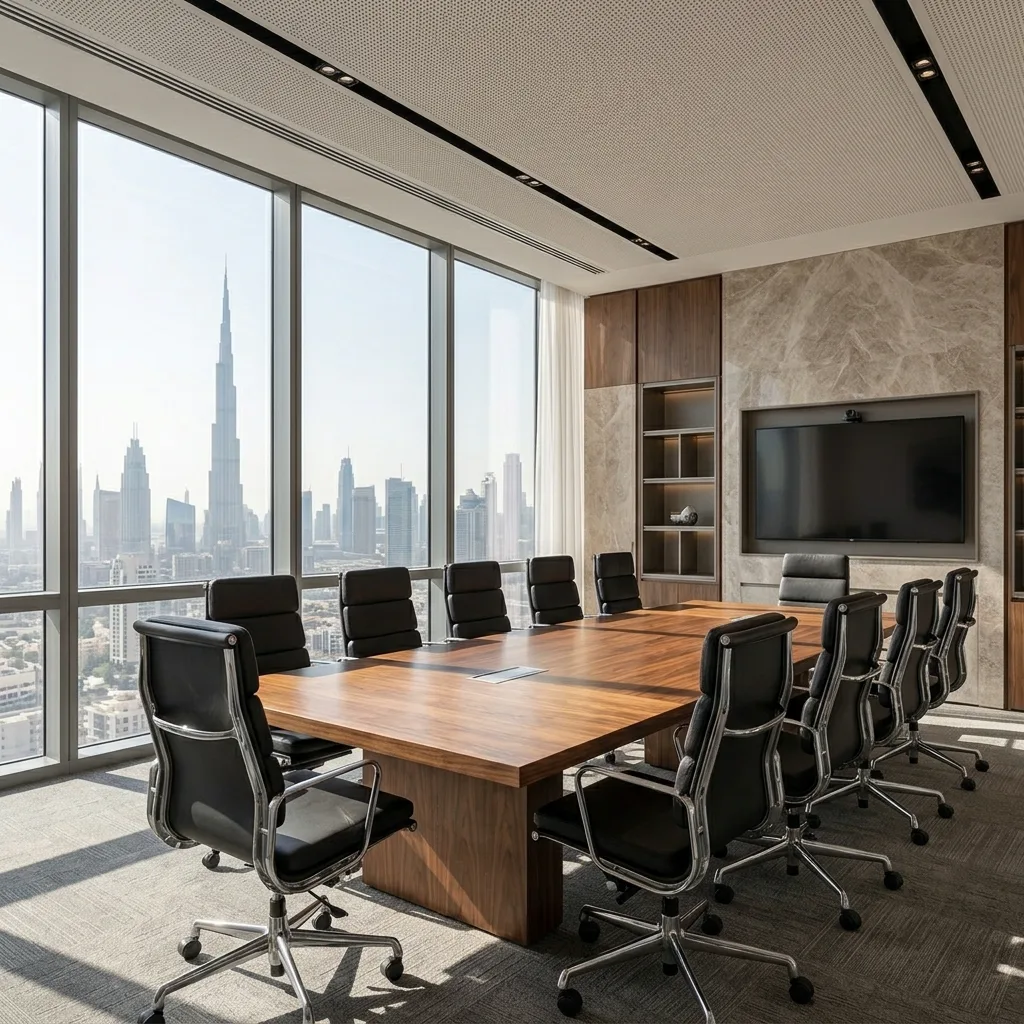 Law firm office furniture Dubai — partner executive desk and client meeting room fit-out DIFC