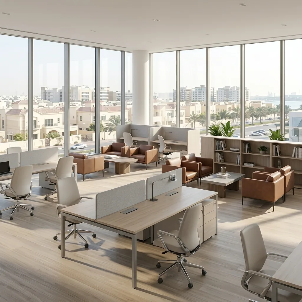 Mirdif office furniture Dubai — SME workstations and reception counter fit-out UAE