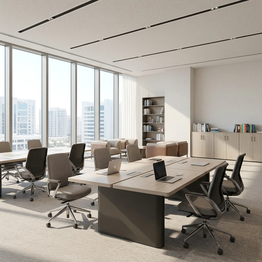 School office furniture zones Dubai — faculty offices, reception, training rooms and staff areas