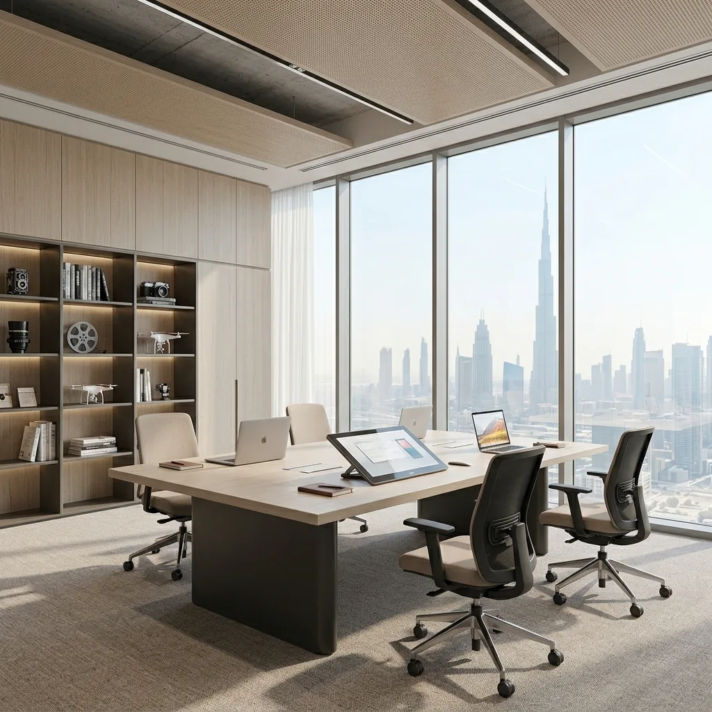 Creative agency office furniture Dubai — design studio workstations and client presentation room Dubai Media City UAE
