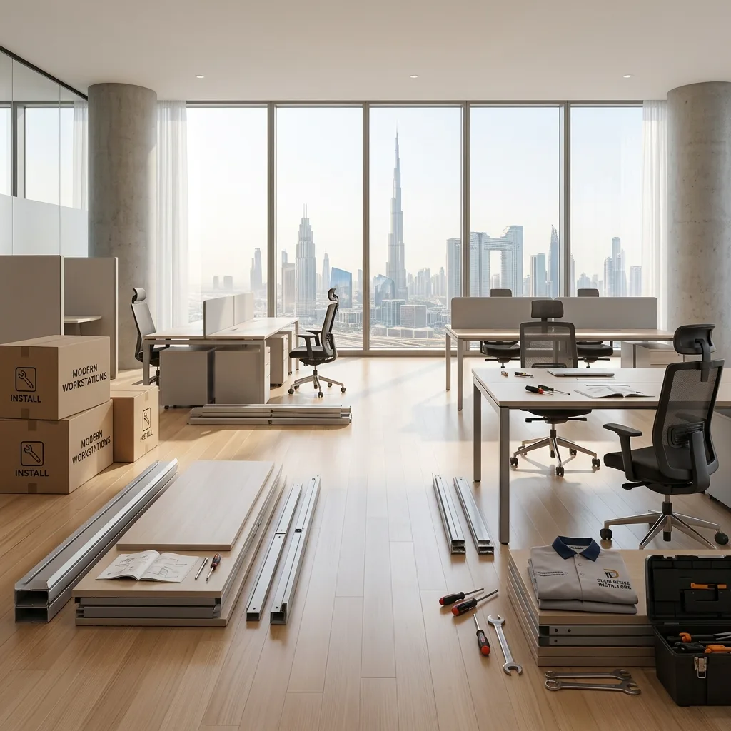 Office furniture installation Dubai — professional assembly team installing workstations by Mobilia®