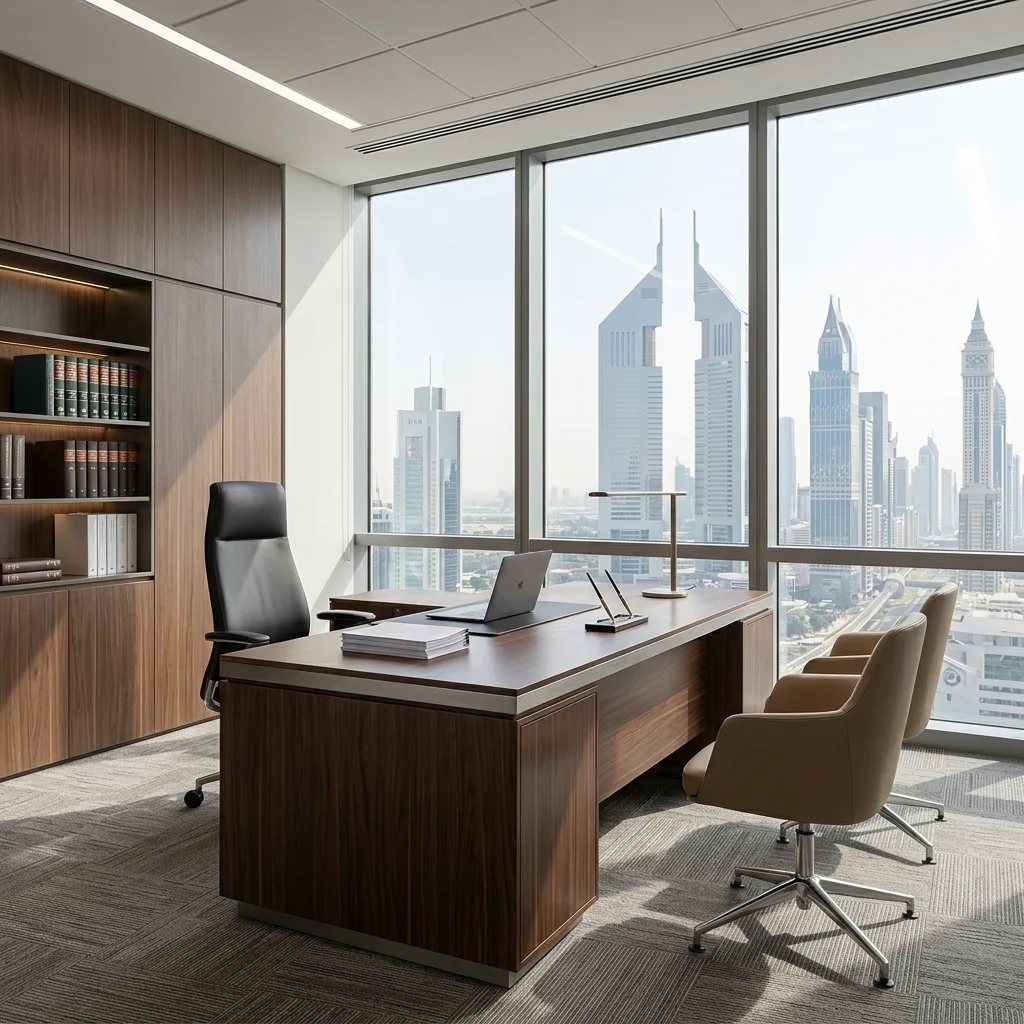 Mobilia custom office furniture manufacturing Al Quoz Dubai — premium law firm furniture production UAE