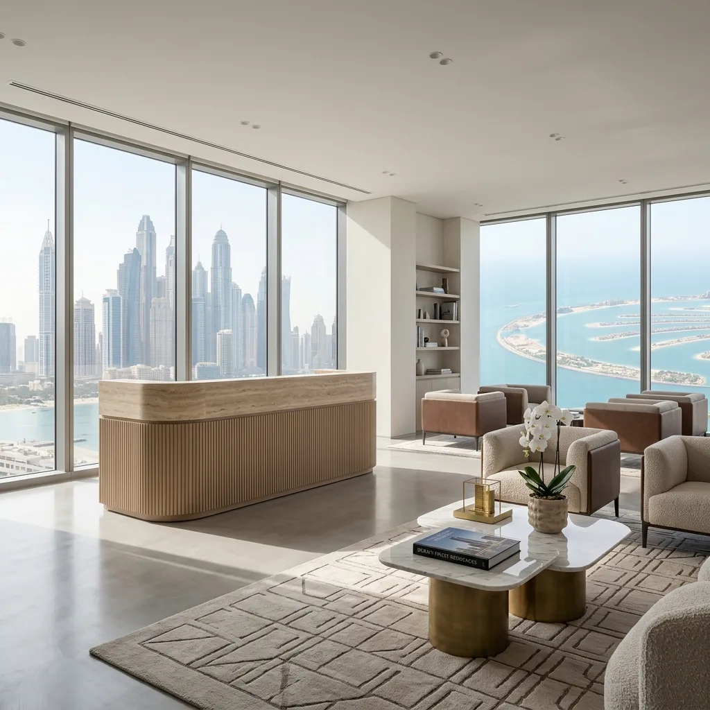 Real estate office furniture Dubai — property brokerage reception desk and agent workstations UAE