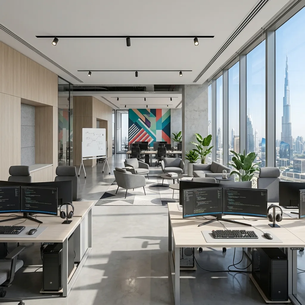 IT office furniture Dubai — software developer workstations and tech startup open plan fit-out UAE